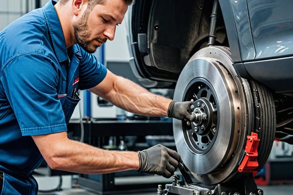 Professional brake service technician working on vehicle